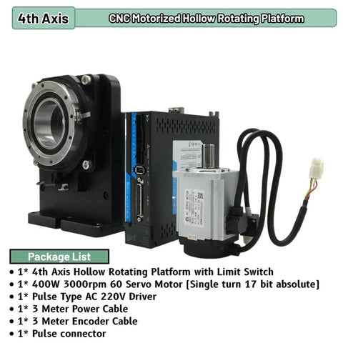 Fourth Axis 360 Electric Rotary Table With 400W Servo Motor and Precision Stepper Drive for CNC with hollow rotating platform.