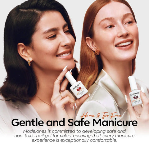 Two individuals holding Modelones Hema & TPO Free nail gel bottles, smiling, promoting gentle and safe manicure products.