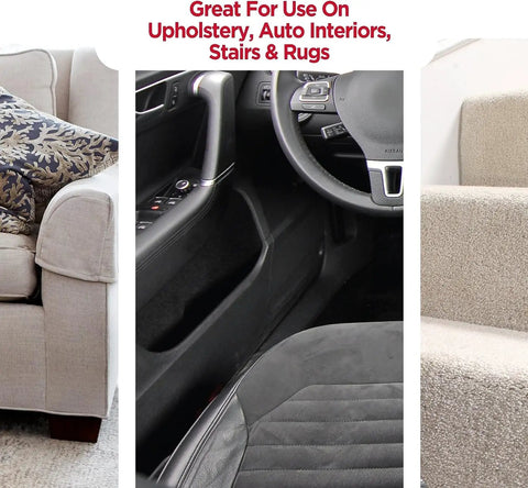 Universal Upholstery Tool Attachment For X3 Commercial Carpet Cleaner with 12 Foot Hose shown on couch, car seat, and stairs