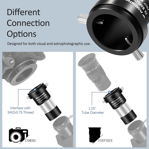 2X Barlow Lens Upgrade For 1.25 Inch Eyepieces with M42 Thread, CNC metal body showing camera and eyepiece connection options.