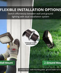 Installation options of 15W LED Outdoor Flood Light For Security, 1500 Lumens, 5000K Daylight White, featuring wall and ground mounts