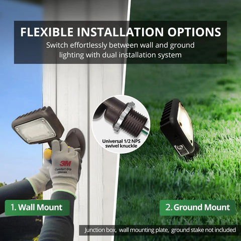 Installation options of 15W LED Outdoor Flood Light For Security, 1500 Lumens, 5000K Daylight White, featuring wall and ground mounts