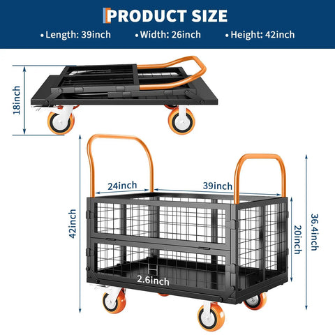 Product size diagram for Heavy Duty Folding Utility Cart And Cage Platform Truck With 1800 Lb Capacity showing dimensions.