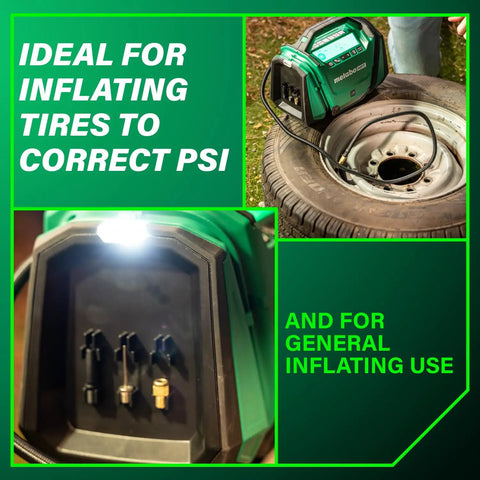 Go-To 18V MultiVolt Cordless Dual Function Inflator inflating tire, showing LED light and nozzle attachments