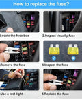 Instructions on using the Fuses Assortment Kit With 3 Sizes 2 Sets Blade Type Automotive Fuses For Auto RV Truck Motorcycle Boat Repair Quick Replacement Fuse Puller Included Durable Easy Identification
