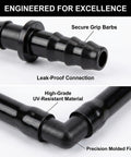 Close-up of 1/4 Inch Drip Irrigation Fittings Kit With Barbed Connectors Tees Elbows End Plugs And Couplings For Garden Greenhouse