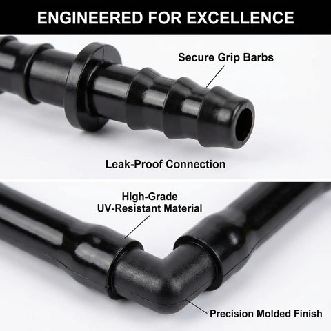 Close-up of 1/4 Inch Drip Irrigation Fittings Kit With Barbed Connectors Tees Elbows End Plugs And Couplings For Garden Greenhouse