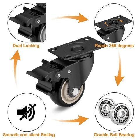 Set Of 4 Heavy Duty Polyurethane Castor Wheels 40mm with dual locking, rotating 360 degrees and smooth silent rolling.