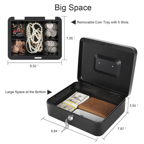 Heavy Duty Metal Cash Box With Lock And Five Compartment Coin Tray open displaying jewelry, coins, and cash, 9.84 by 7.87 by 3.54 inches, black