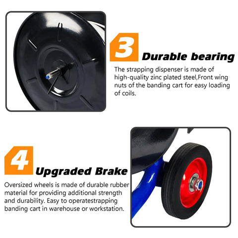 Heavy Duty Strapping Dispenser Cart For 8x8 Steel And Poly Strapping Coils, Durable Steel Construction With Spacious Tray For Strapping Tool, Seals, And Gloves, Keeps Coils From Unwinding On Oscillating Coils, black bearing wheel and red brake wheel close-up