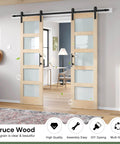 Double 24x84 Inch Glass Sliding Barn Door Slab With 8 Foot Hardware Kit Included 5 Panel Frosted Glass Spruce Wood Support DIY Dyeing Ready Easy Assembly Rustic Modern Interior Door For Hallway Or Bedroom installed view