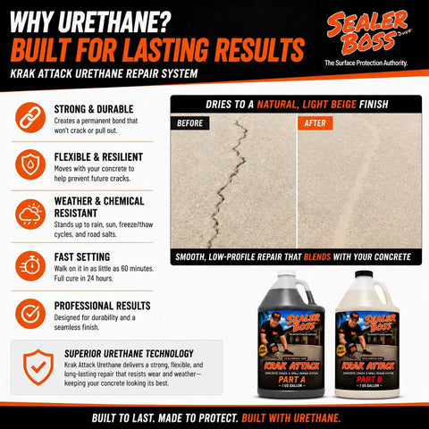 Fast Cure Urethane Concrete Crack Repair Kit For Driveways Garages And Patios Heavy Duty Two Part Mix showing before and after repair on concrete.