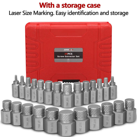 25 Piece Screw Extractor Set With Multi Spline Design For Chrome Moly Bolt Remover in red case, various extractor sizes visible