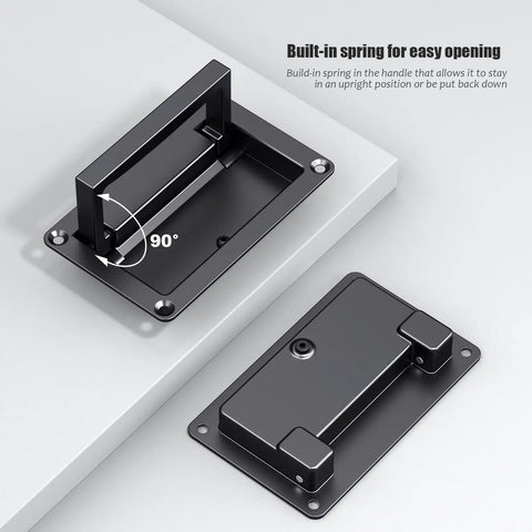Heavy Duty Zinc Alloy Recessed Flush Pull Handle With Slick Matte Black Finish For Cabinets Drawers And Toolboxes Measuring 4.35 X 2.72 Inches built-in spring mechanism for easy opening.