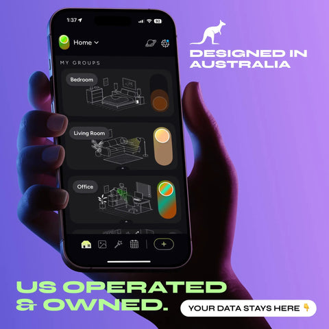 Hand holding smartphone displaying smart control app for Supercolor Smart LED Strip Lights 10 Foot Kit With Multizone RGB And Tunable White.