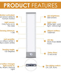 58 LED Motion Sensor Light Indoor Wireless USB Rechargeable Closet Cabinet Light with features description chart
