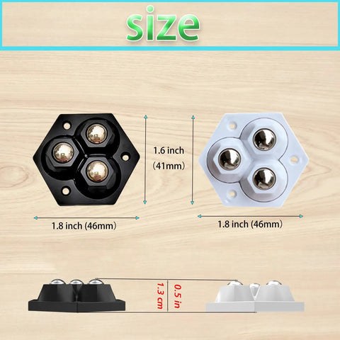 Size comparison of black and white Eight Pack Countertop Appliance Sliders With Self Adhesive Rollers For Coffee Makers Air Fryers Stand Mixers And Blenders 360 Degree Rotating Mini Sticky Wheels With Stainless Steel Balls Black.