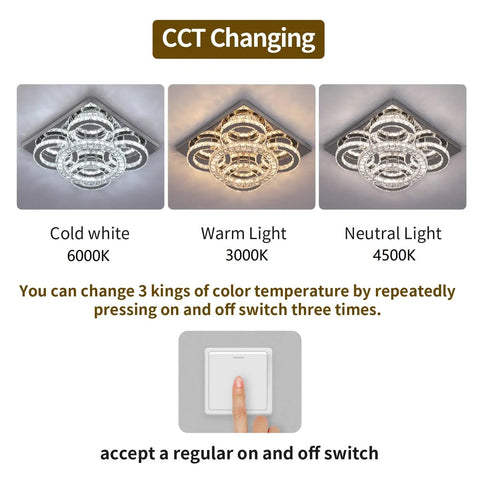 Dope Crystal LED Chandelier Lighting With Three Color Dimmable Ceiling Mount Fixture Featuring K9 Crystals color temperature options