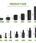 Chart of 320 Piece M2 Nylon Hex Spacer Standoff Kit With Male And Female Screws Nuts And Spacers Black Durable Nylon Includes Plastic Case Easy To Install Great For Electronics DIY Projects showing sizes and quantities.