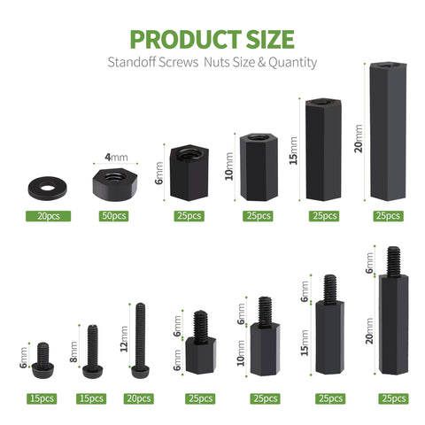 Chart of 320 Piece M2 Nylon Hex Spacer Standoff Kit With Male And Female Screws Nuts And Spacers Black Durable Nylon Includes Plastic Case Easy To Install Great For Electronics DIY Projects showing sizes and quantities.
