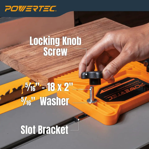 Universal Featherboard Kit For Table Saw Router And Band Saw Fits Miter Slots To Knock Out Kickback Comes Loaded With Brackets For Rock Solid Mounting And Smooth Material Feeds, showing locking knob and hardware.