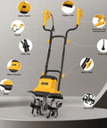 12 Inch Corded Tiller Cultivator With 8.5 Amp Power, 360 RPM Rototiller showing parts like handle, cable clip, and steel blades.