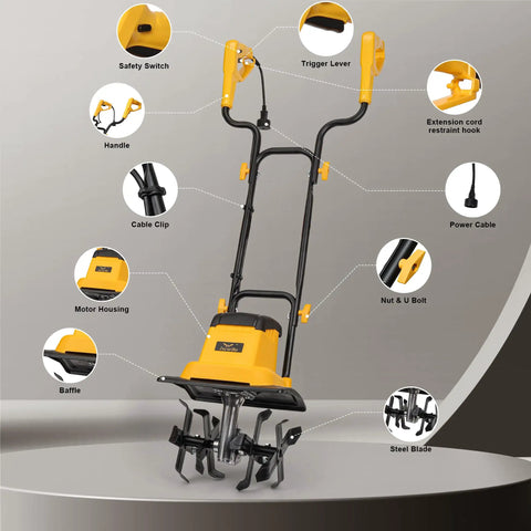12 Inch Corded Tiller Cultivator With 8.5 Amp Power, 360 RPM Rototiller showing parts like handle, cable clip, and steel blades.