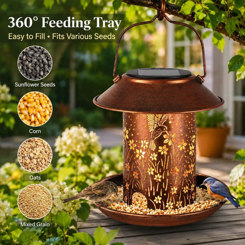 Solar Hummingbird Feeder Lantern Outdoor Garden Decor Waterproof Hanging Light Powered By Sun With 3 Water Cups And Two Pound Capacity Ideal Gift For Women Moms Birthdays Patio Yard, showing a bird feeder on a patio.