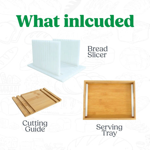 Image showing a bread slicer, cutting guide, and serving tray included in the No Fuss Bread Slicer For Homemade Loaves bundle.
