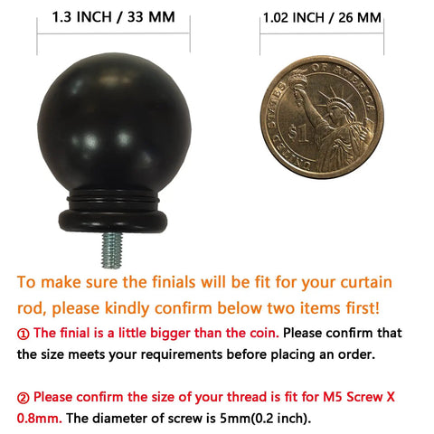 Four Pack Ball Shape Curtain Rod Finials For Five Eighth Inch Rods With M5 Thread Plastic Drapery Ends Upgrade Your Window Decor Easily And Instantly For A Fresh Modern Look. black ball finial with M5 thread beside coin for size reference