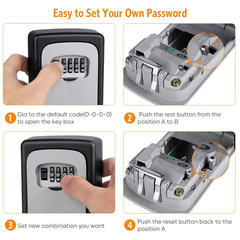 Instructions for setting combination on Wall Mounted Key Lock Box 4 Digit Combination Safe For Outdoor Use Built Tough With Zinc Alloy.