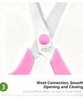 Three Pack Colorful 8 Inch Stainless Steel All Purpose Scissors With Go-To Ultra Sharp Blades And Comfort Grip Handles In Green Purple Orange For School Office Home Sewing Craft Projects pink-handled stainless steel scissors close-up