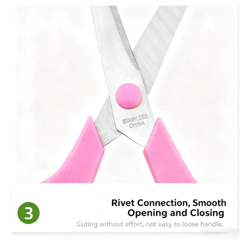 Three Pack Colorful 8 Inch Stainless Steel All Purpose Scissors With Go-To Ultra Sharp Blades And Comfort Grip Handles In Green Purple Orange For School Office Home Sewing Craft Projects pink-handled stainless steel scissors close-up