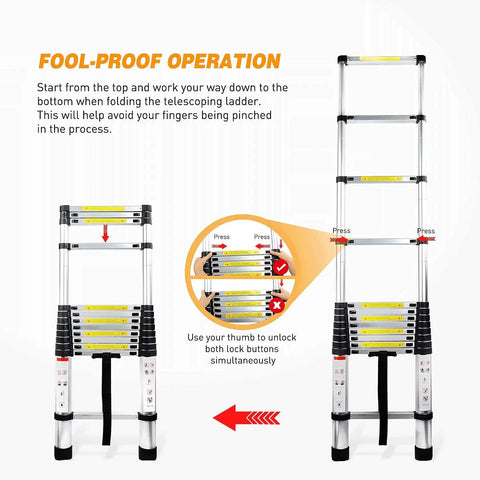 12.5-Foot Telescoping Aluminum Ladder, A Real Workhorse For Home Or Pro Jobs, EN131 Certified, showing folding operation steps.