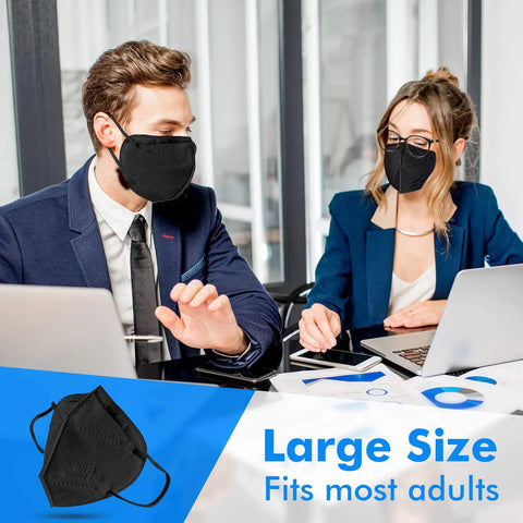 Two professionals wearing KN95 Black Face Masks Pack Of 30 With 5 Layer Filtration Over 95 Percent Efficiency sitting in an office.