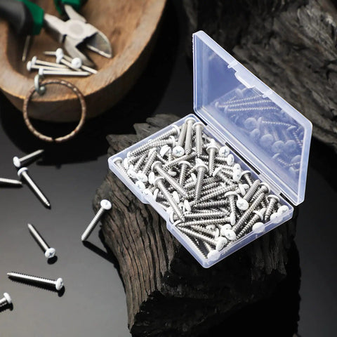 Built Tough Number 8 Pan Head Screws Self Tapping Stainless Steel Assorted Fastener Kit 100 Piece Set in a clear box.