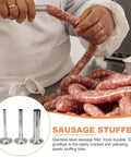 Hands using Size 8 Stainless Steel Sausage Stuffer Tubes Set Three Tube Kit for Ground Beef Pork Turkey and Venison Meat Filler