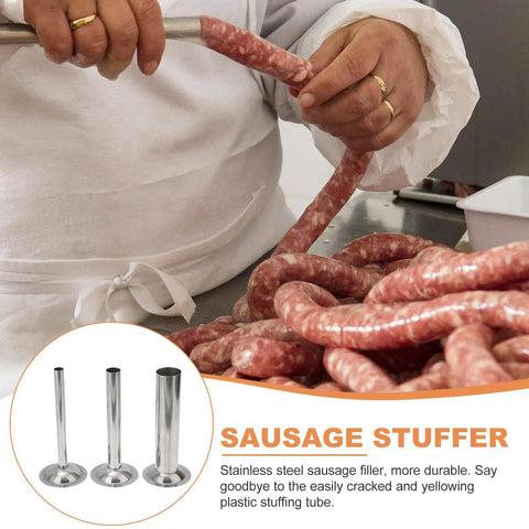 Hands using Size 8 Stainless Steel Sausage Stuffer Tubes Set Three Tube Kit for Ground Beef Pork Turkey and Venison Meat Filler