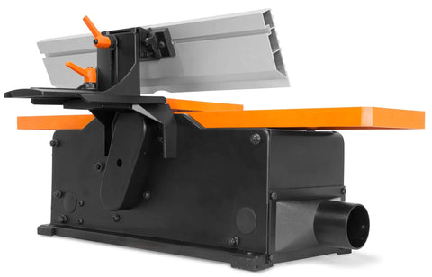 Heavy Duty 6 Inch Benchtop Jointer With 10 Amp Motor And Spiral Cutterhead showing adjustable fence and motor housing.