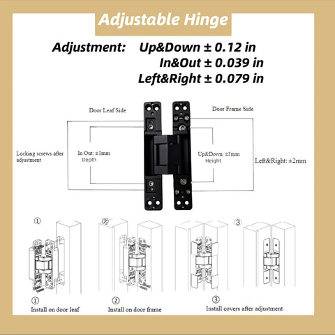 8 Pack Invisible Door Hinges 6 Inch Concealed Heavy Duty Zinc Alloy Matte Black 180 Degree 3 Way Adjustable Butt Hinge