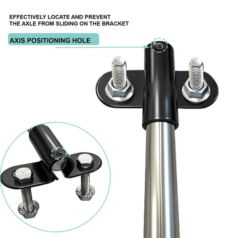 Close-up of Hardcore Heavy Duty Wheelbarrow Axle Bracket Kit With Solid Five Eighth Inch Shaft showing axis positioning hole and bolts.