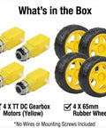 Image showing four yellow 3 to 6 volt dual shaft DC gear motors and four 65mm rubber wheels for Arduino STEM robotics, wires not included.