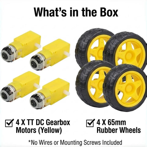 Image showing four yellow 3 to 6 volt dual shaft DC gear motors and four 65mm rubber wheels for Arduino STEM robotics, wires not included.