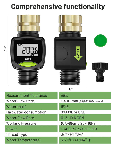 Brass Inlet Water Flow Meter 3/4 Inch With 5 Percent Accuracy, digital LCD display, two angles showing function and size