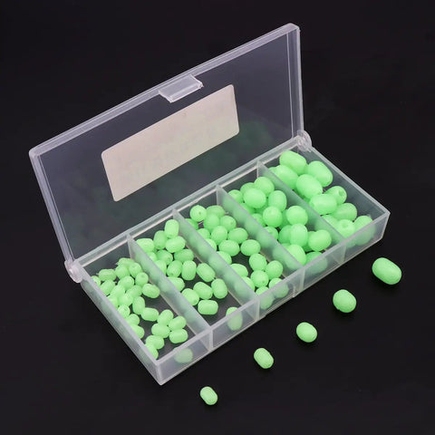 Glow In The Dark Soft Plastic Fishing Beads Set, 100 Pcs Green Egg Shaped Beads in compartmented box for night fishing