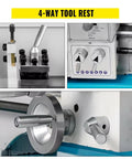 Mini metal lathe 8.7 x 23.6 in collage: four-way tool rest, control panel knobs, front handwheel and dial.