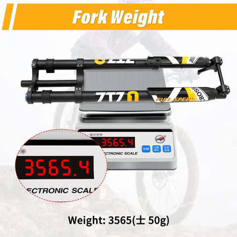 29 Inch Mountain Bike Air Inverted Front Fork With 200mm Travel Thru Axle 15x110 shown on electronic scale weighing 3565g
