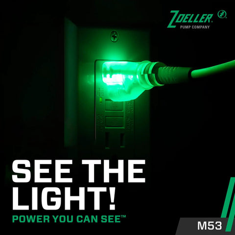 Mighty-Mate Submersible Sump Pump 1/3 Hp With Auto Float Switch, green light plug in dark showing readiness for heavy-duty use