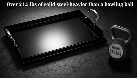 Grillin Ready 25 Inch By 16 Inch Cast Iron Griddle For Gas Grills With Nanoceramic Nonstick Coating next to a 21.5 lbs weight