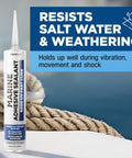 Marine Adhesive Sealant 5200 Fast Cure 10 Oz White tube beside coiled rope on boat deck.